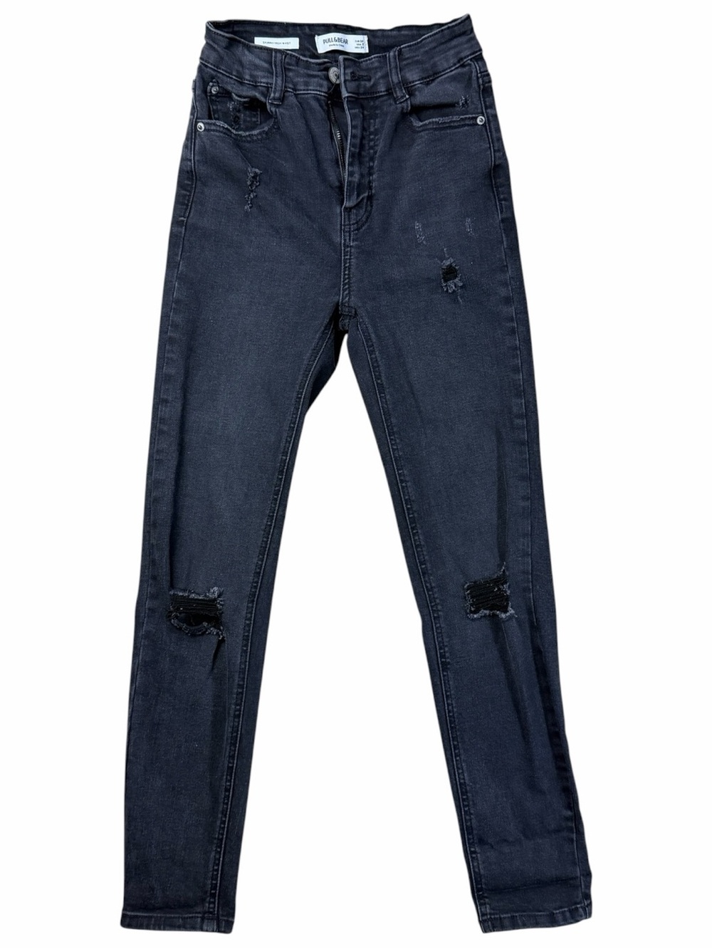 Pull&Bear Black High-Rise Skinny Jeans with Distressed Knees